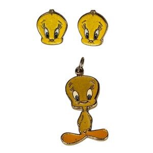 Vintage 1994 Tweety Bird Earrings & Pendant Set Warner Bros Looney Tunes Jewelry